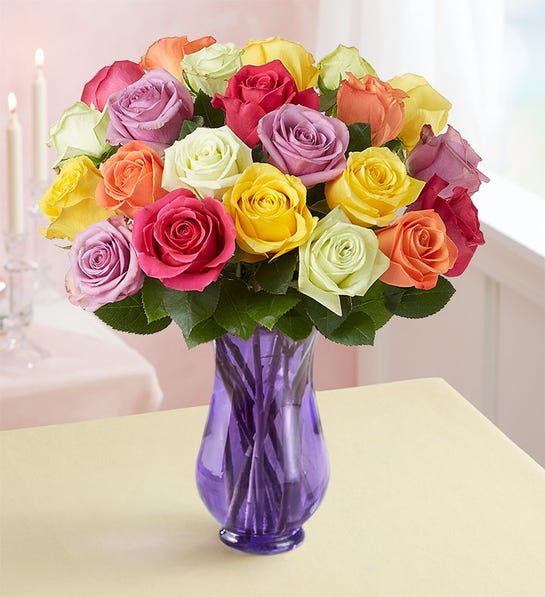 1-800-Flowers Two Dozen Assorted Roses with Purple Vase